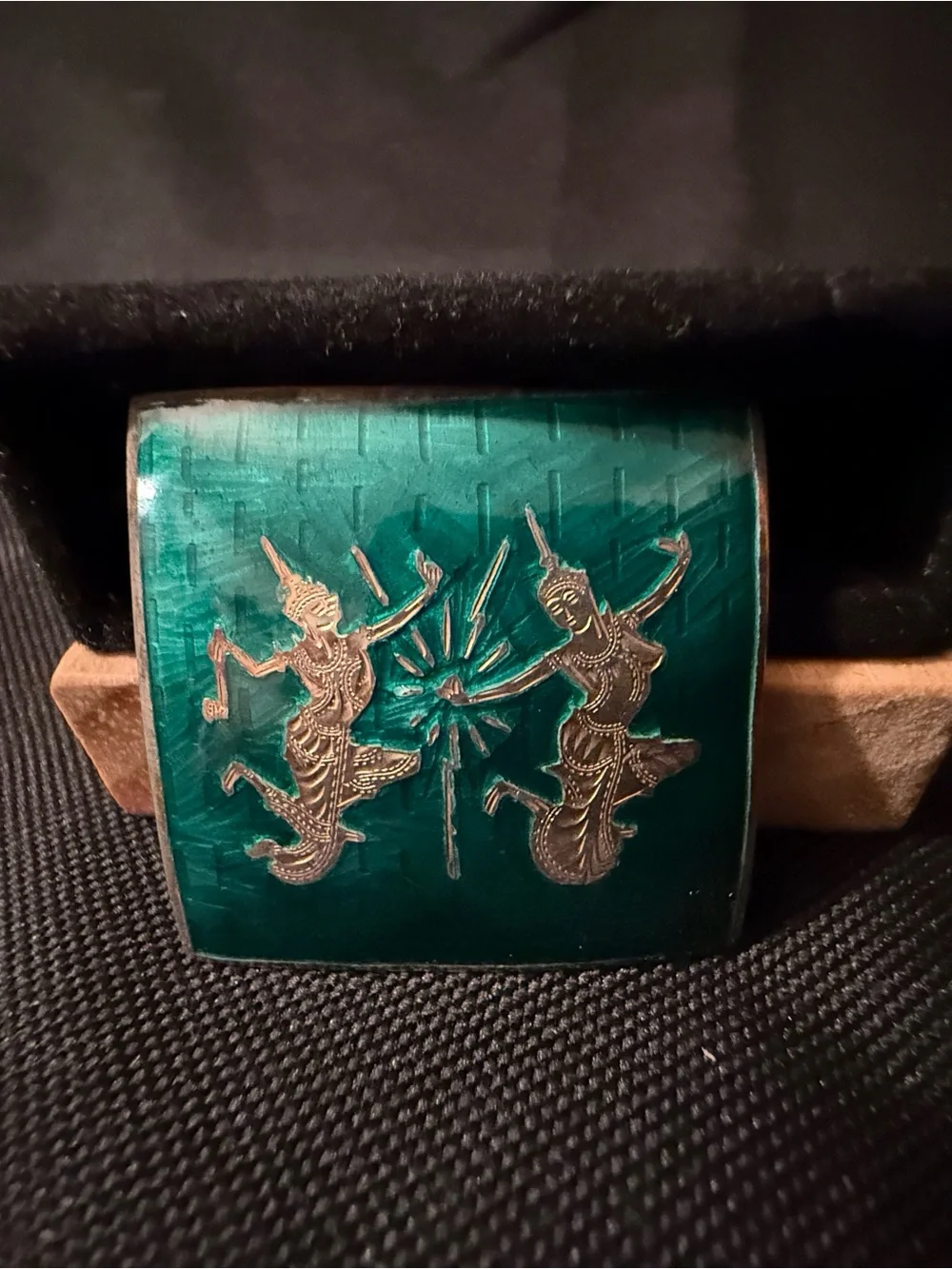 Green Enamel Siam Sterling Silver Brooch with Dancing Figures